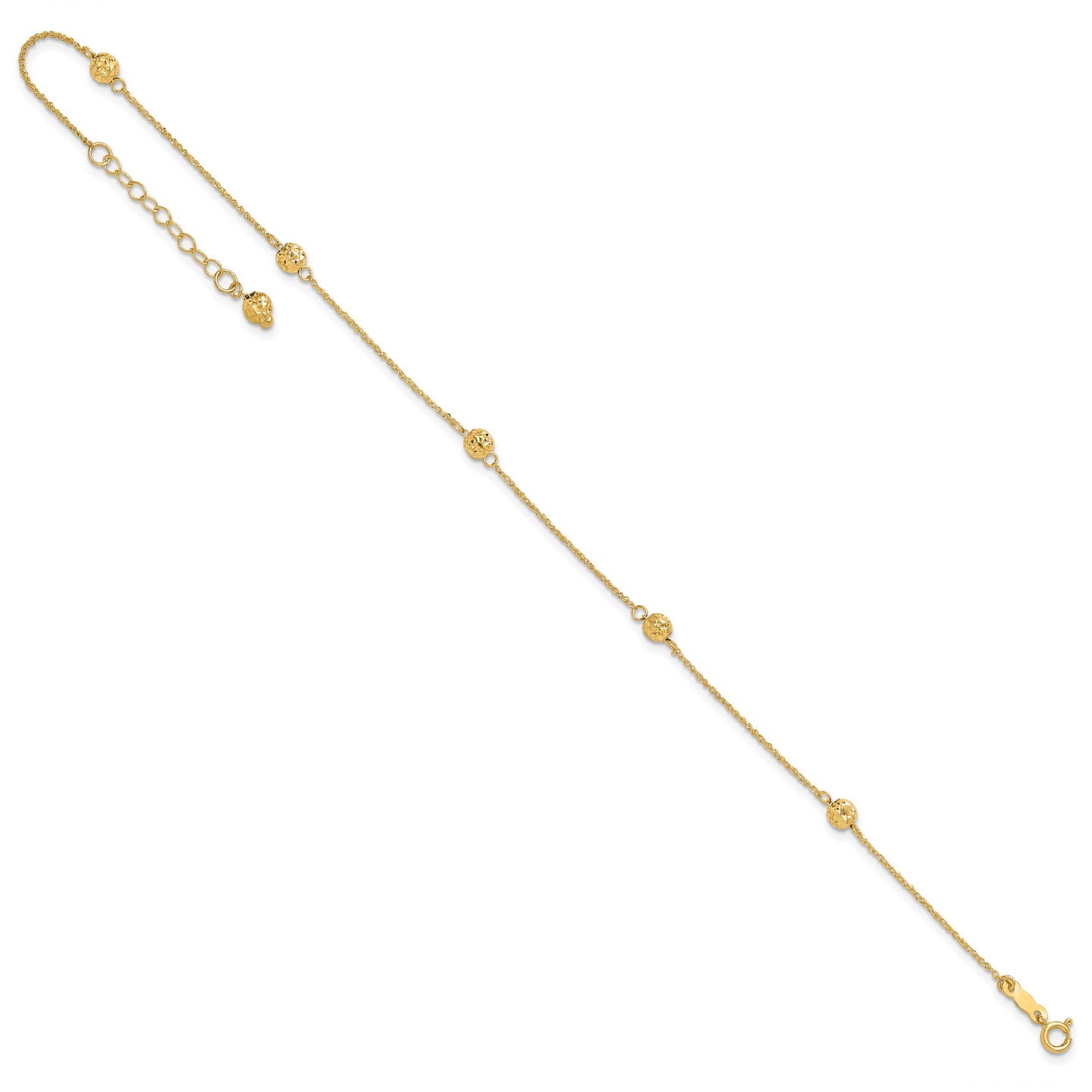 14k Diamond-cut Beads 5-Station 9 inch Plus 1 inch Bead Dangle Extender - Total 10 inch Anklet