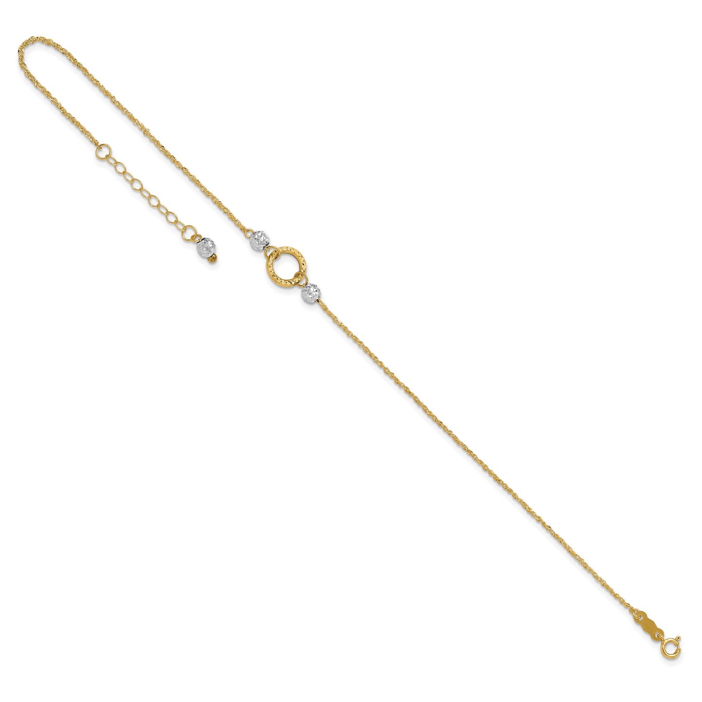 14k Two-tone Circle and Diamond-cut Beads 9 inch Plus 1 inch Bead Dangle Extender - Total 10 inch Anklet