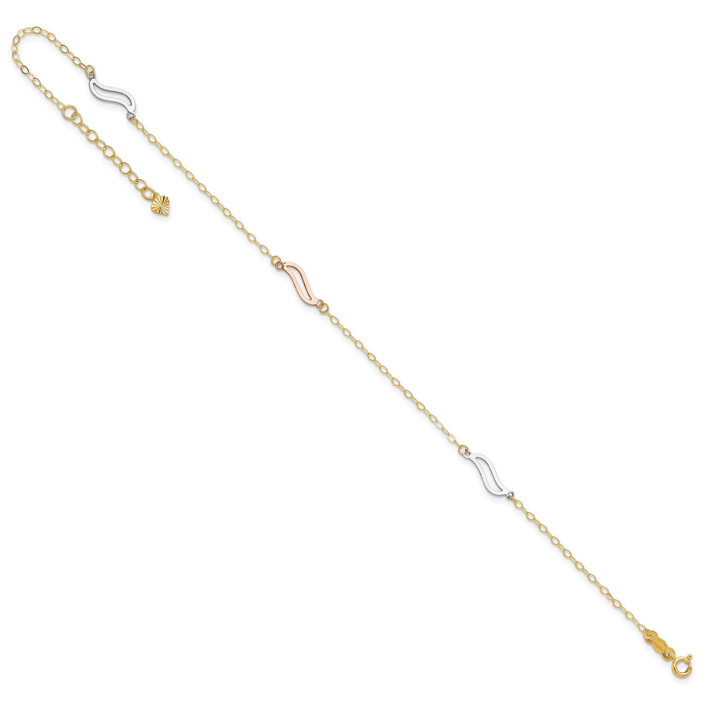 14K Tri-color Open Wavy Links 3-Station 9 inch Plus 1 inch Extender - Total 10 inch Anklet