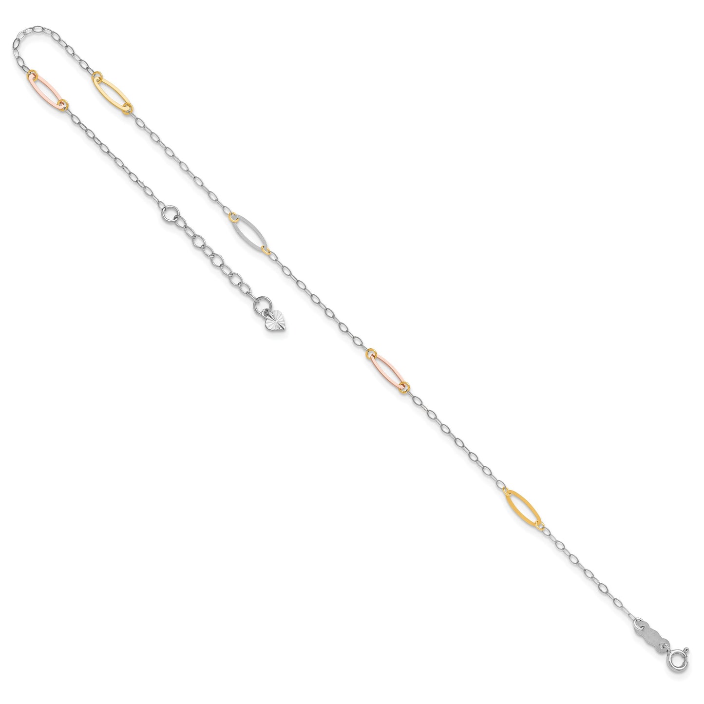 14K Tri-color Oval Link 5-Station 9 inch Plus 1 inch Extender - Total 10 inch Anklet