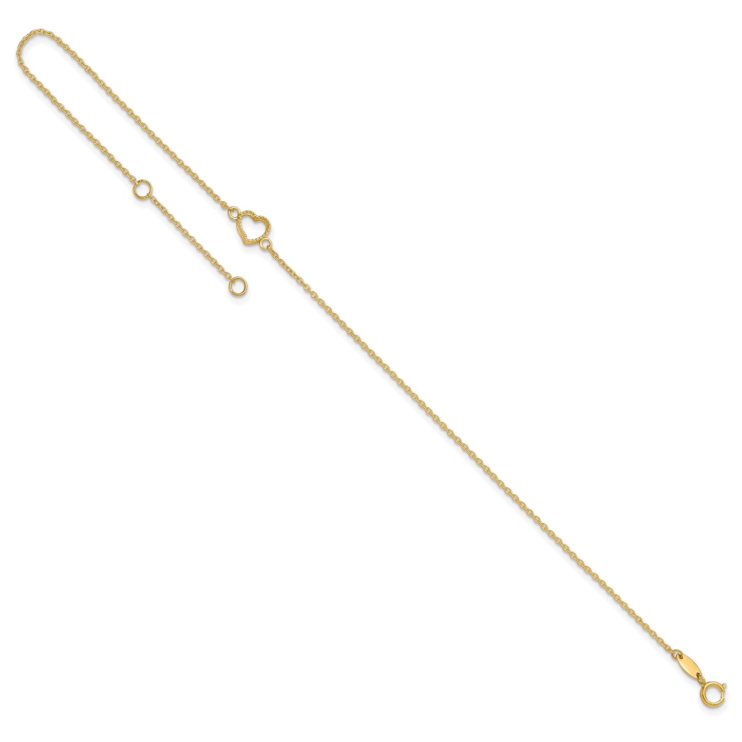 14K Textured and Polished Open Heart 9 inch Plus 1 inch Extender - Total 10 inch Anklet