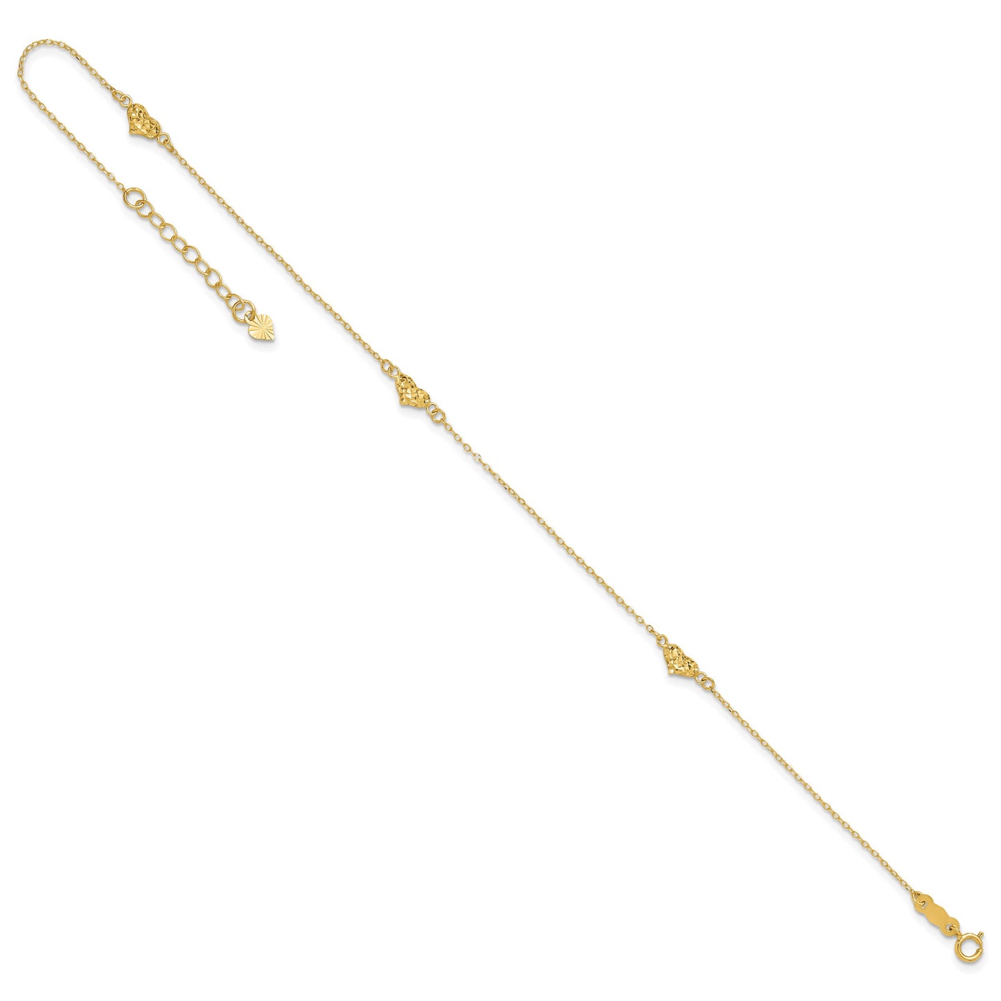 14k Polished Diamond-cut Triple Puffed Hearts 10 inch Plus 1 inch Extender - Total 11 inch Anklet