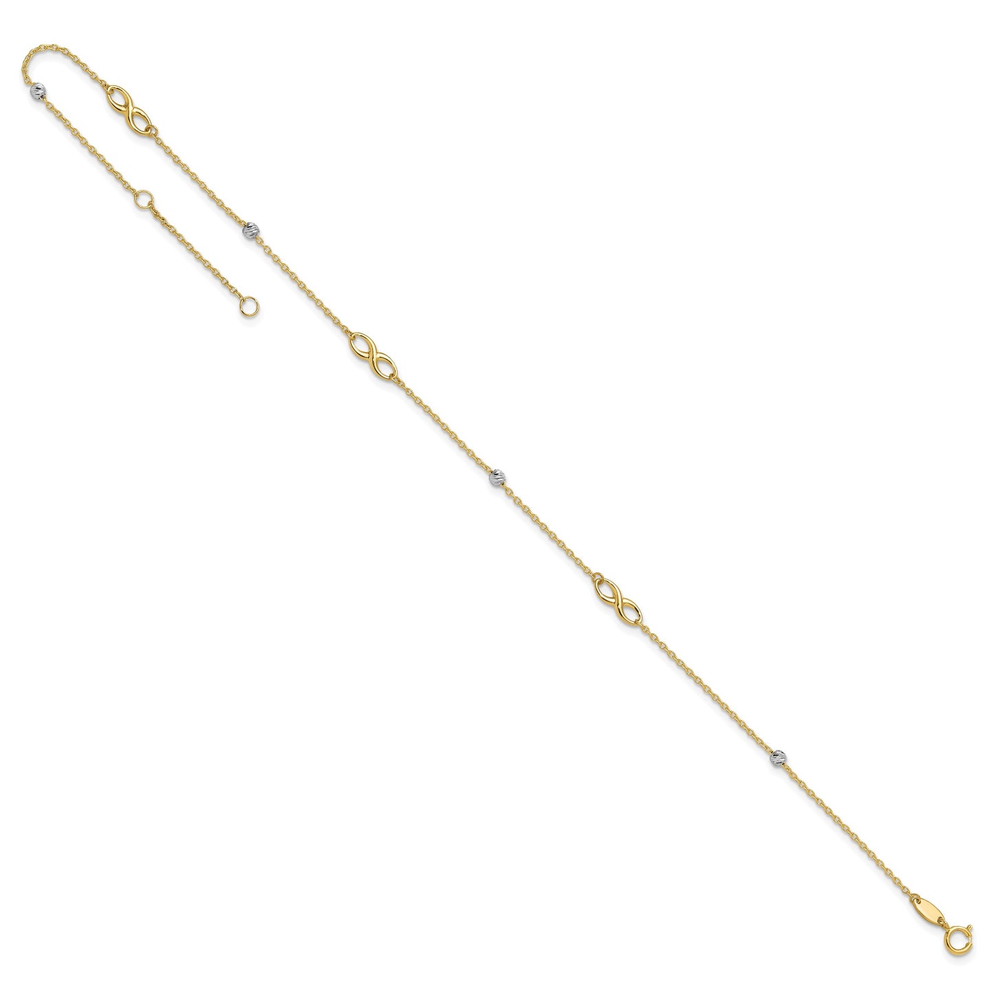 14K Two-Tone Diamond-cut Beads and Infinity 10 inch Plus 1 inch Extender - Total 11 inch Anklet