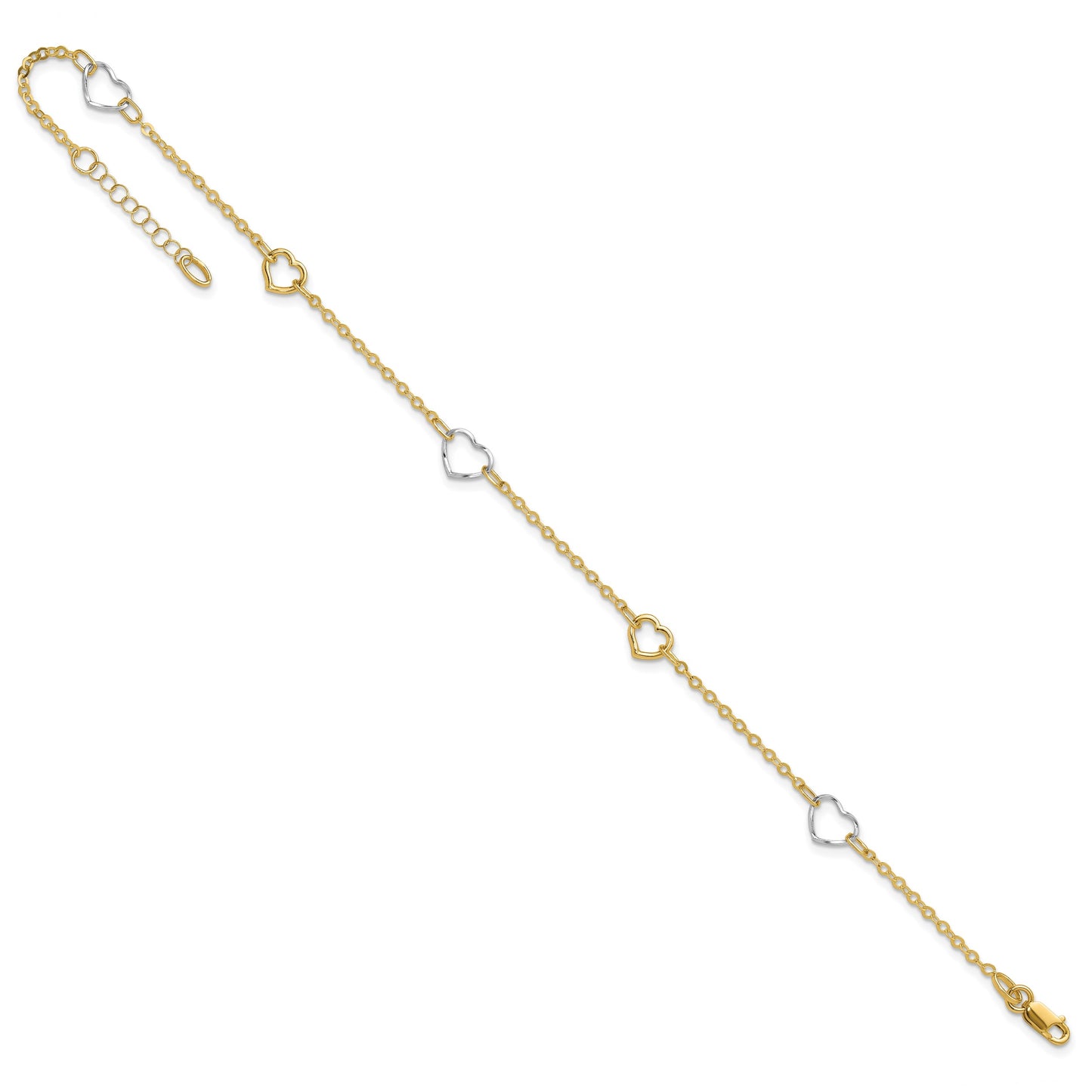 14K Two-tone Polished Open Hearts 5-Station 9 inch Plus 1 inch Extender - Total 10 inch Anklet