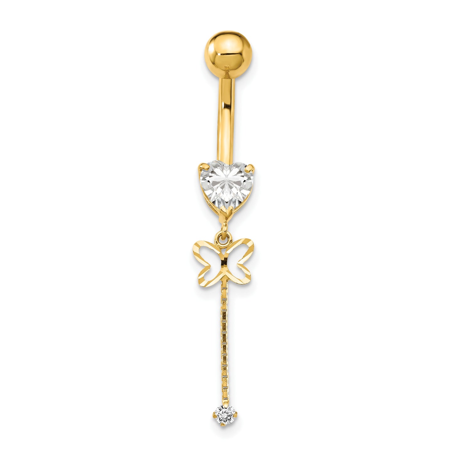 14k 14 Gauge CZ Butterfly Chain Dangle Belly Ring