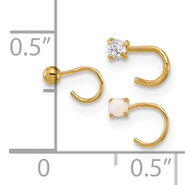 14K 22 Gauge 2mm CZ / 2mm Synthetic Opal / 2mm Ball 3-piece Nose Post Set