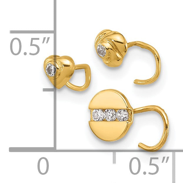 14K 22 Gauge CZ Heart / Flower / Circle 3-piece Nose Post Set