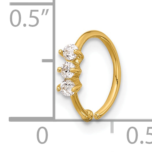 14K 20 Gauge Polished 3-Stone CZ Nose Ring
