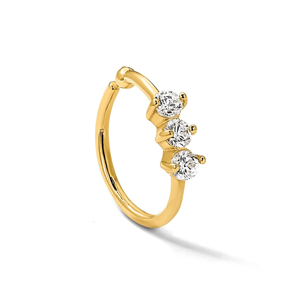 14K 20 Gauge Polished 3-Stone CZ Nose Ring
