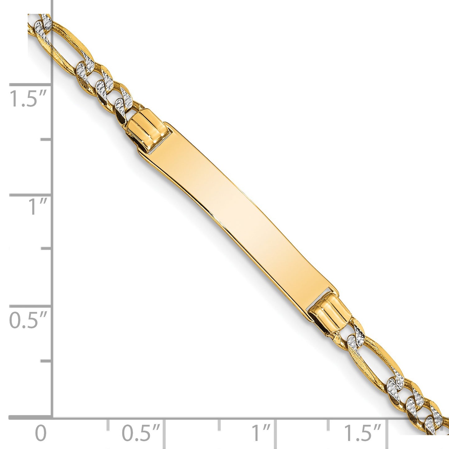 14k with Rhodium Polished Solid Chain/Solid Plate Pav� Figaro Link 26x5mm Plate 6 inch Baby/Child ID Bracelet