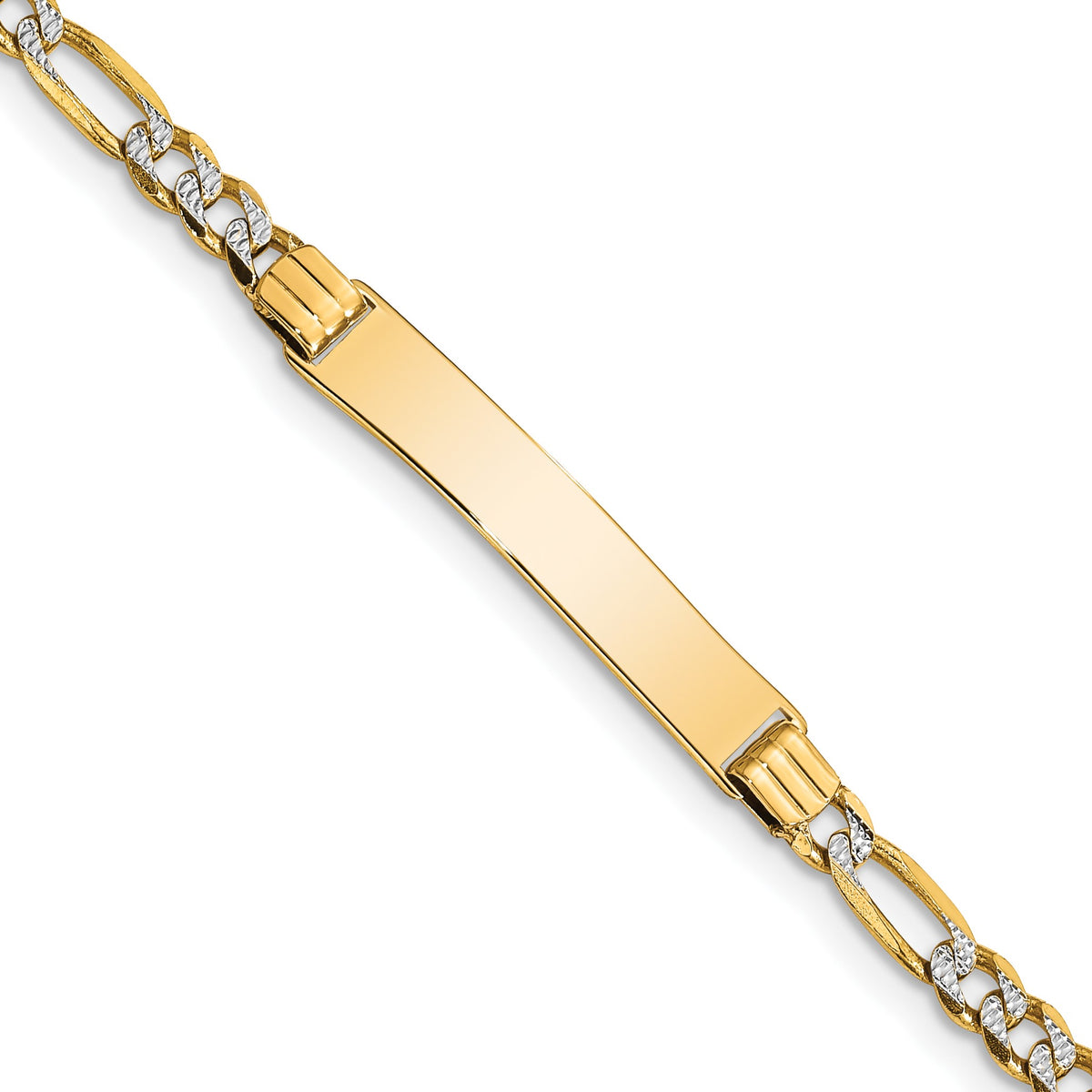14k with Rhodium Polished Solid Chain/Solid Plate Pav� Figaro Link 26x5mm Plate 5.5 inch ID Bracelet