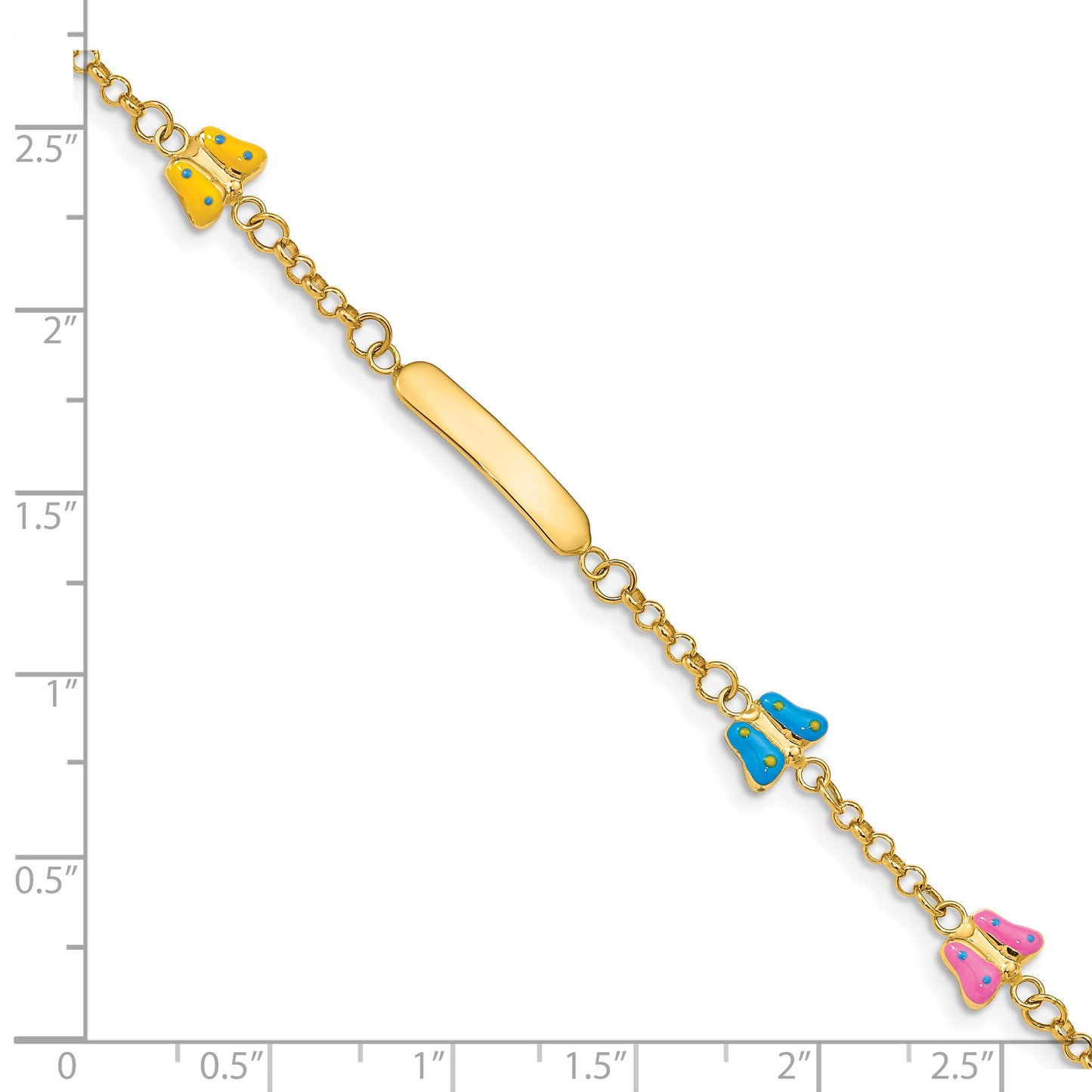 14k Polished Pink/Blue/Yellow Enamel Butterflies and 18x3mm Plate 6 inch Baby/Child ID Bracelet with 0.5 inch Extender