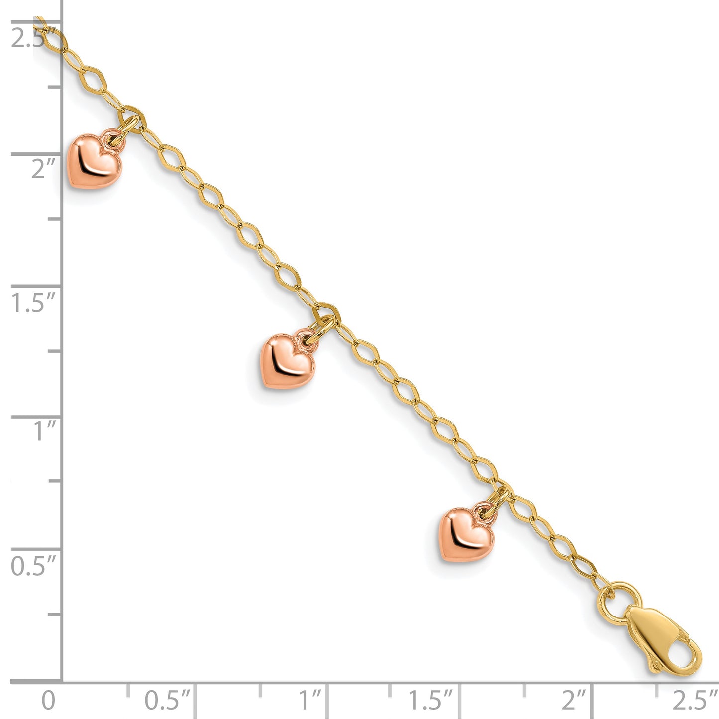 14K Yellow Gold with Rose Gold Puffed Hearts 6 inch Childs Charm Bracelet