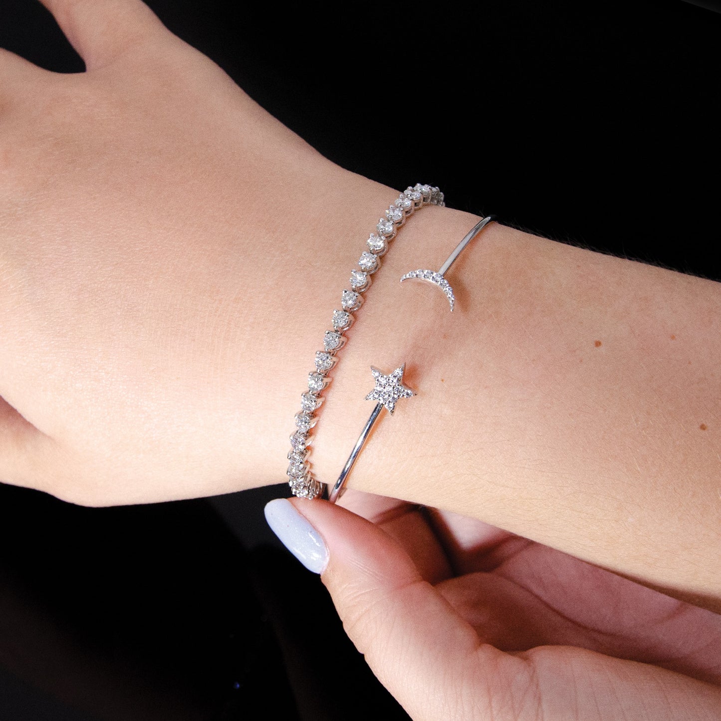 14k White Gold Complete 1/4 carat Diamond Moon and Star Flexible Cuff Bangle Bracelet