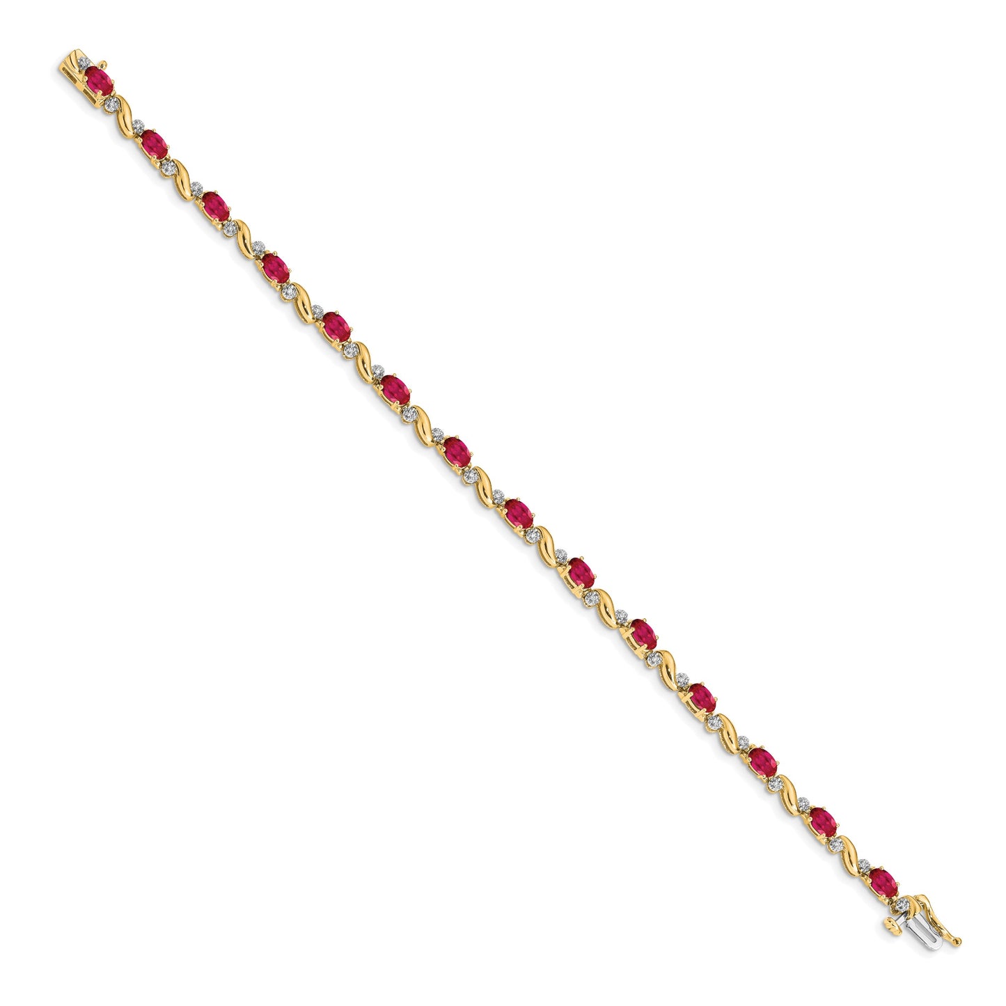 14k Complete Diamond and Oval Ruby Curved Link 7 inch Bracelet