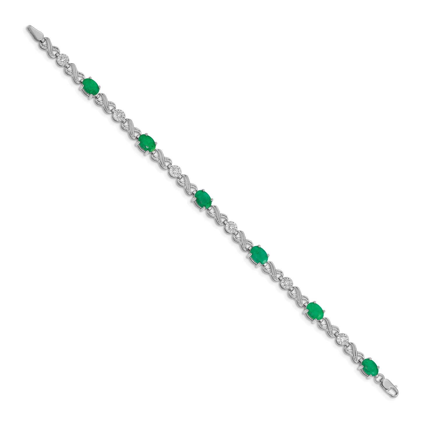 14k White Gold Complete Diamond and Oval Emerald Infinity Link 7.25 inch Bracelet