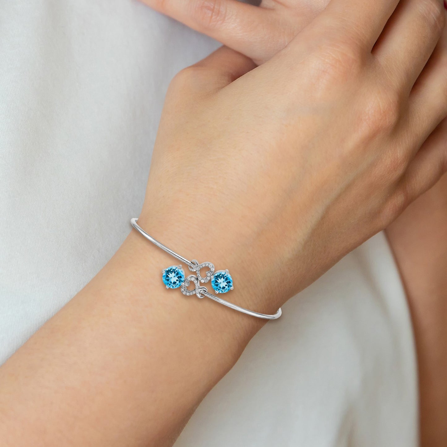 14k White Gold Complete Round Blue Topaz and 1/8 carat Diamond Hearts Flexible Bangle Bracelet