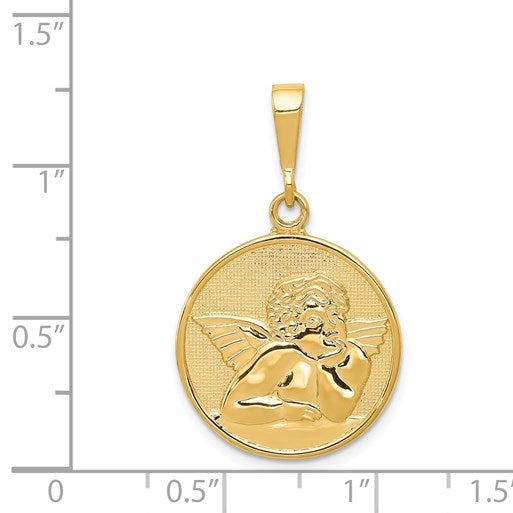 14K Polished and Satin Angel Round Pendant