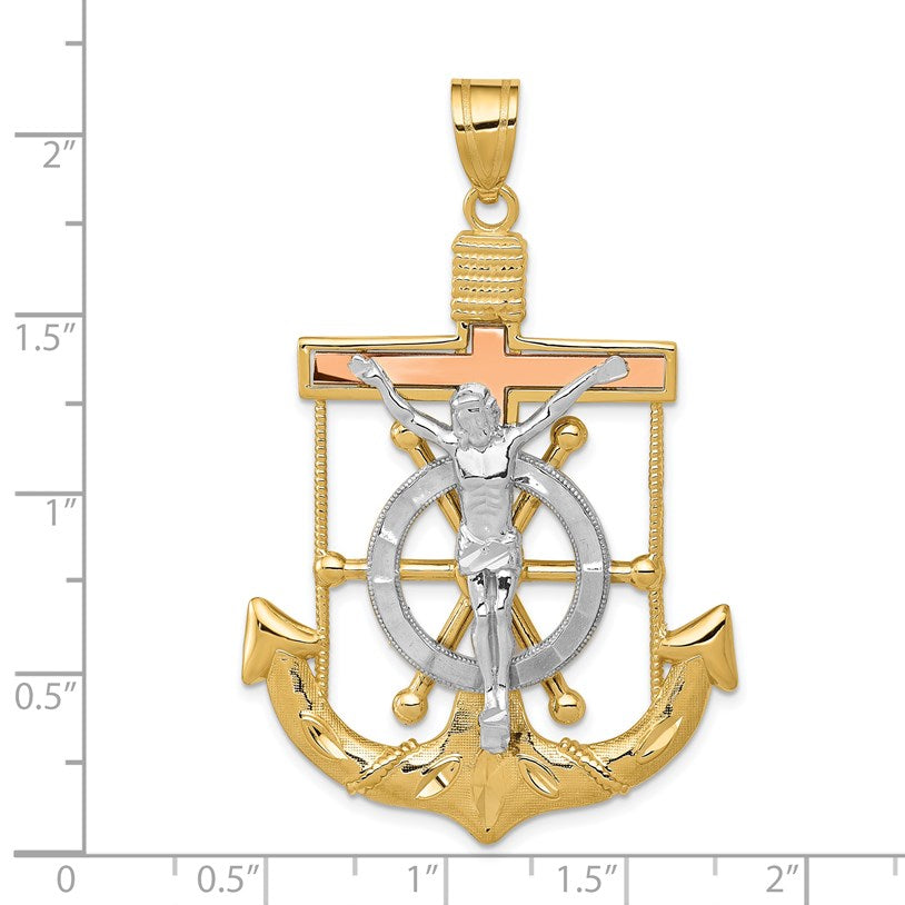14k Tri-color Diamond-cut and Textured Mariners Crucifix Pendant