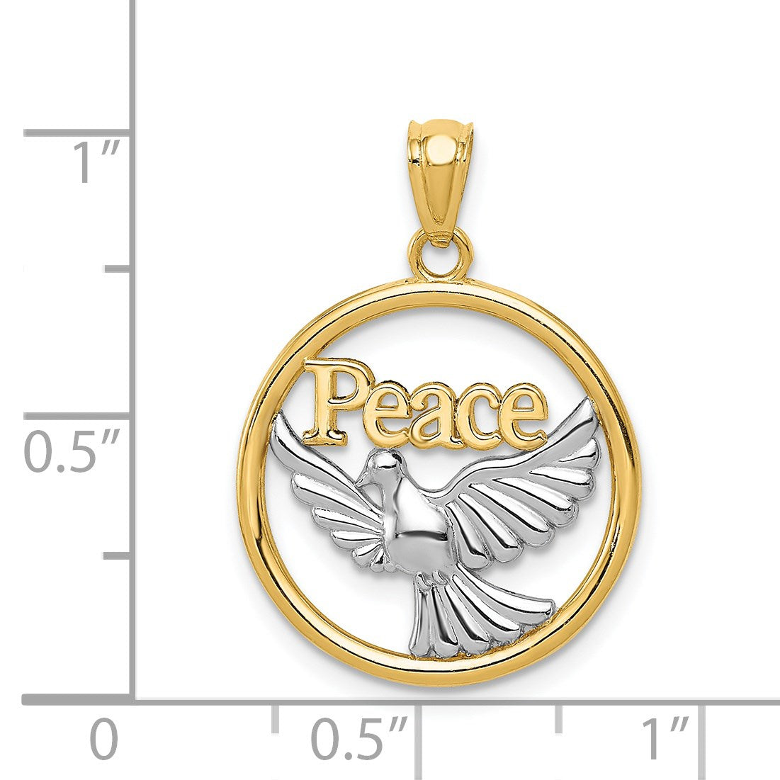 14K and White Rhodium Polished PEACE Dove Circle Pendant