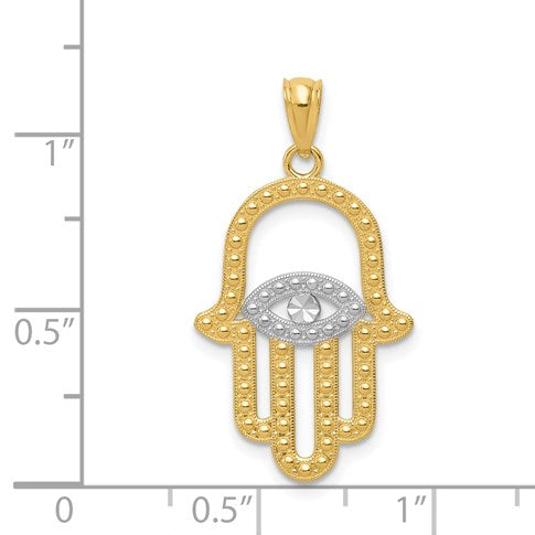 14K and White Rhodium Textured Hamsa and Evil Eye Pendant