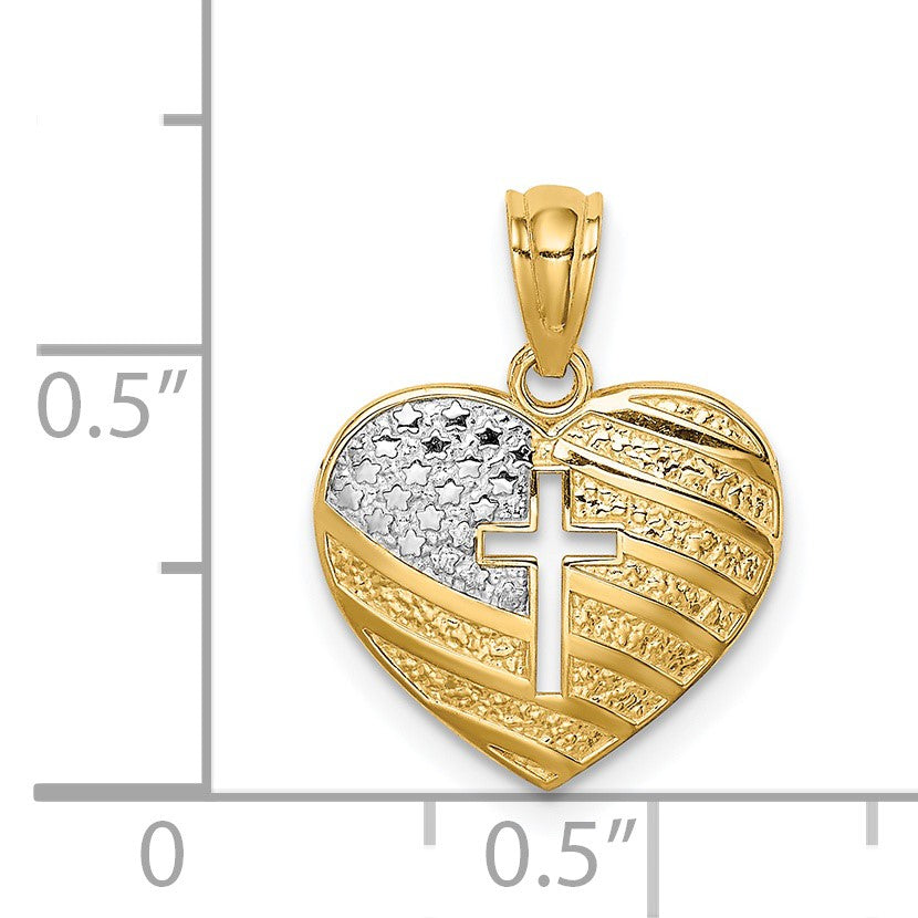 14K with White Rhodium US Flag With Cross Heart Pendant