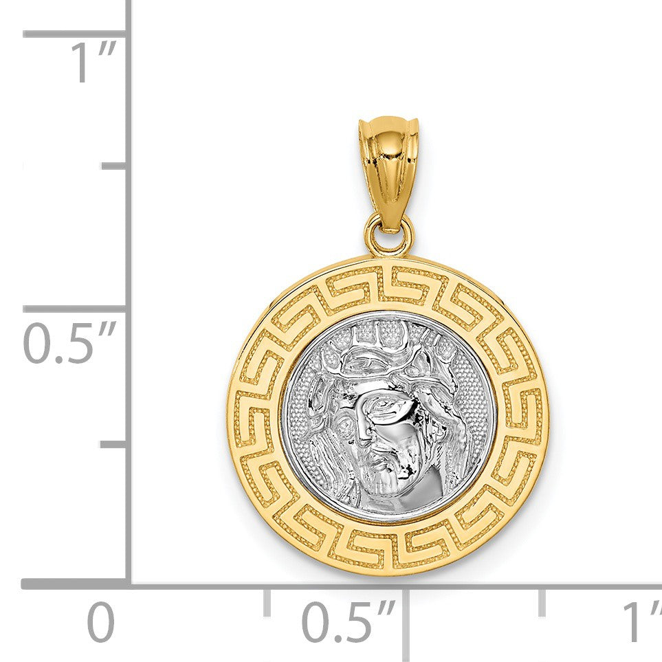 14K and White Rhodium with Greek Key Edge Jesus Medal