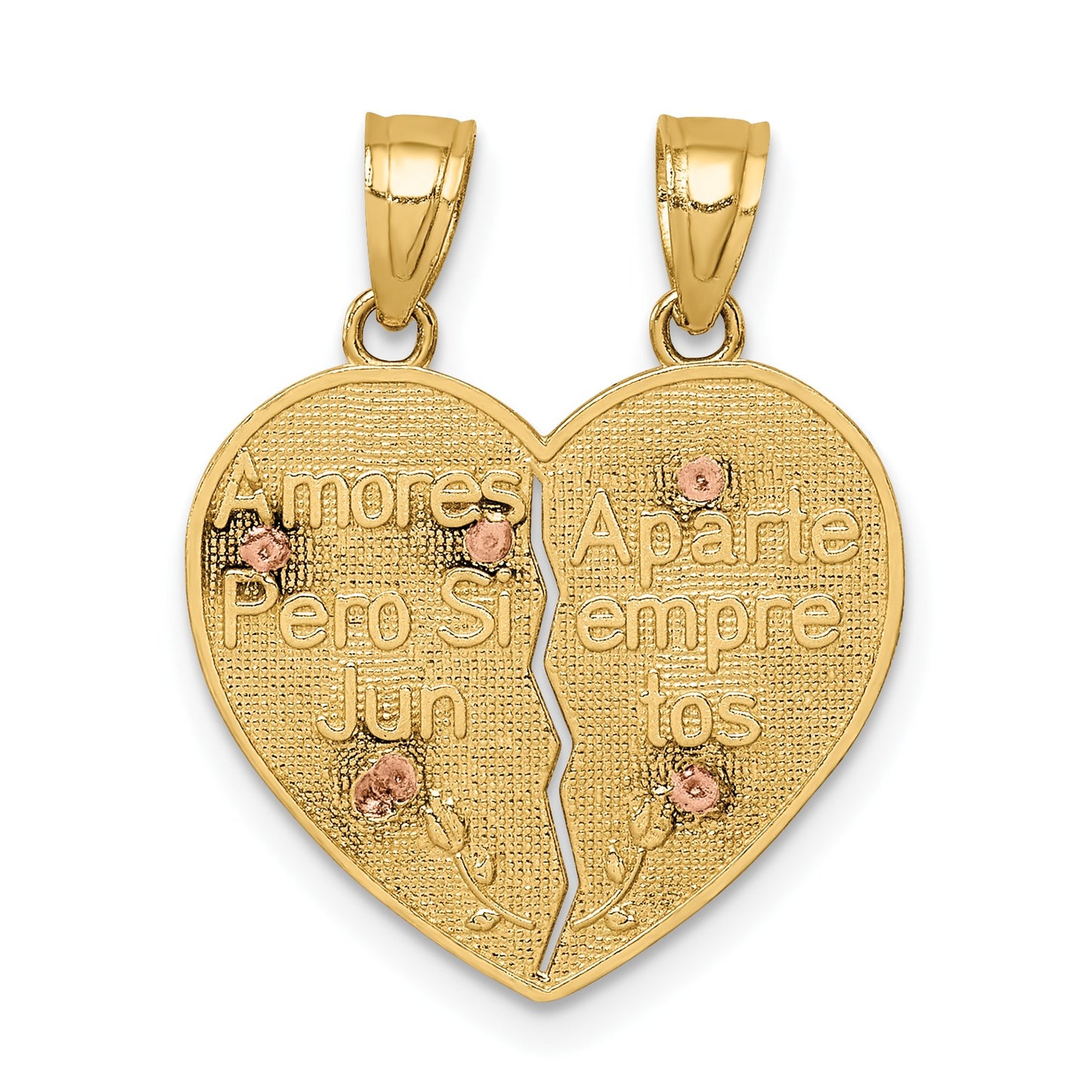 14K Two-tone Reversible Spanish Solid Our Lady of Guadalupe and Crucifix TE AMO Break-apart Heart Pendant