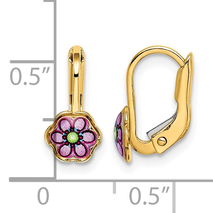 14K Enamel Flower Childrens Leverback Earrings