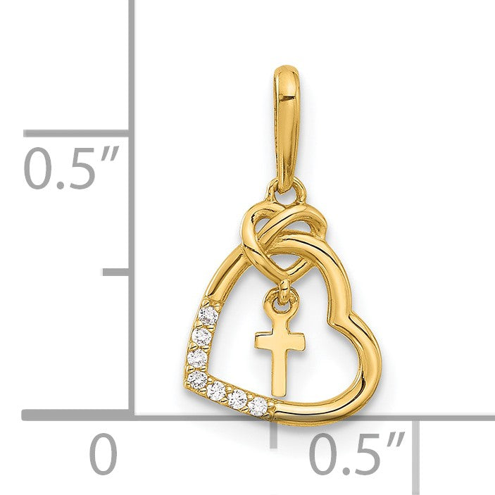 14k Polished CZ Heart with Cross Dangle Pendant