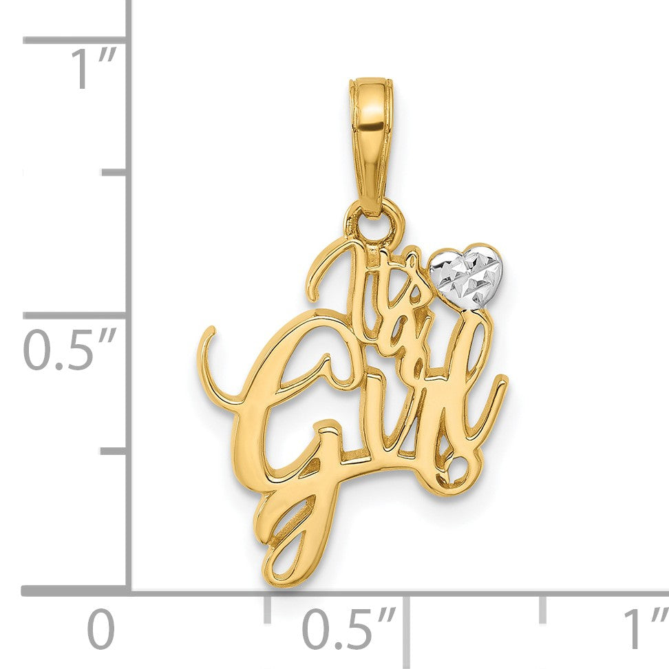14k and White Rhodium Diamond-cut Heart IT'S A GIRL Pendant