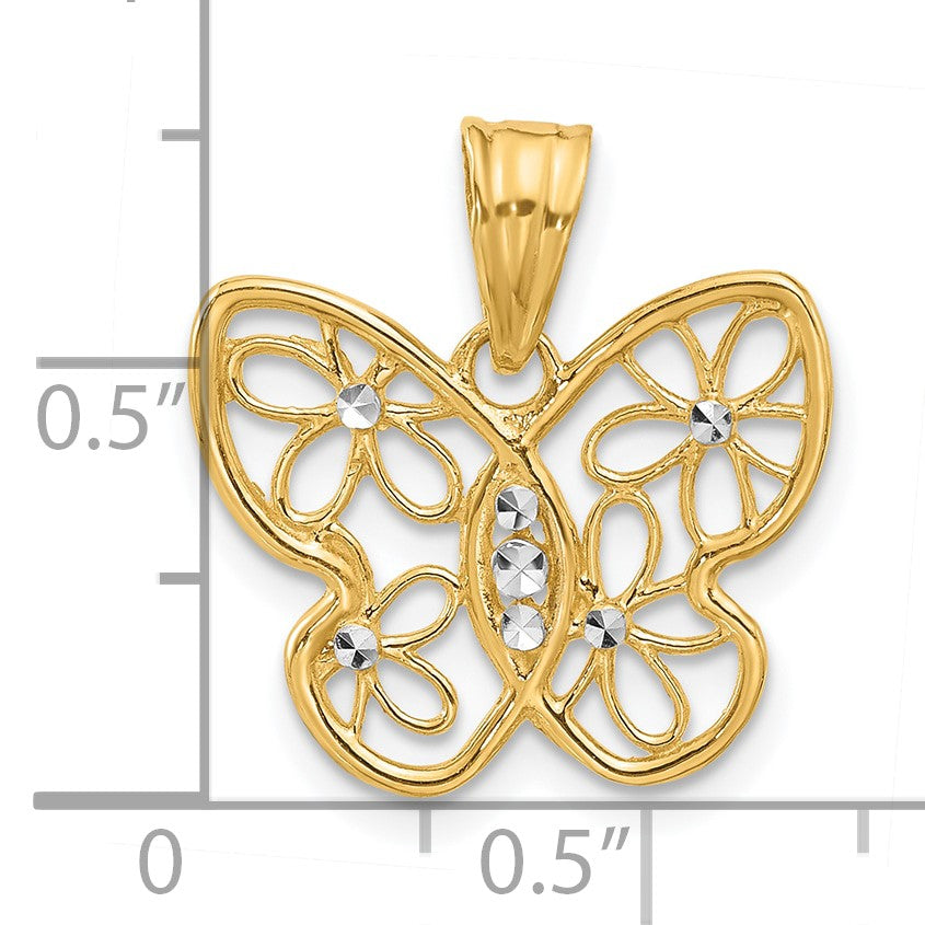 14K and White Rhodium Polished and Diamond-cut Flower Butterfly Pendant