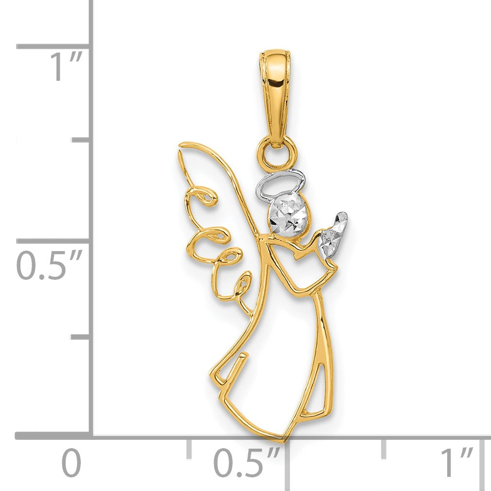 14K and White Rhodium Cut-out Diamond-cut Angel Pendant
