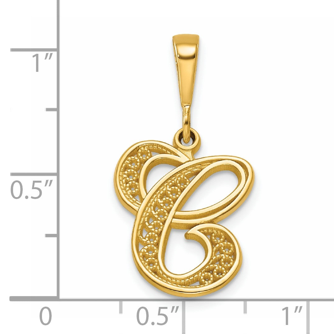 14KY Polished Script Filigree Letter C Initial Pendant