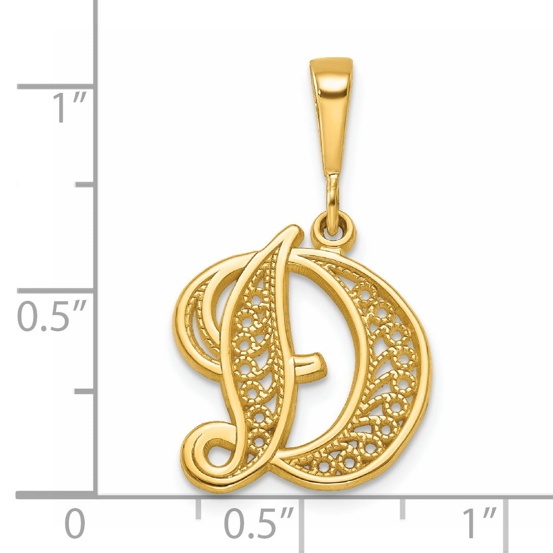 14KY Polished Script Filigree Letter D Initial Pendant