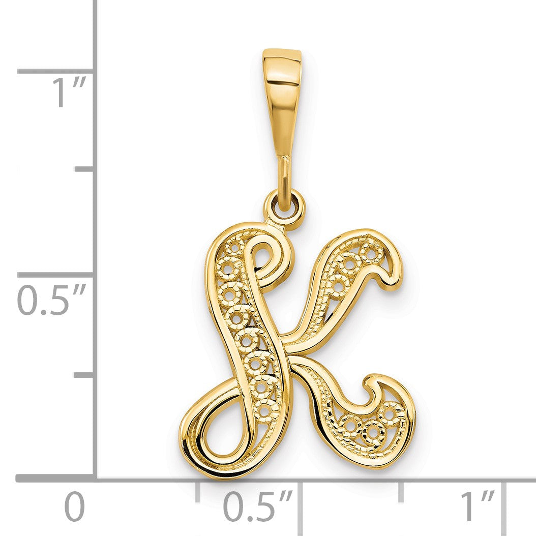 14KY Polished Script Filigree Letter K Initial Pendant