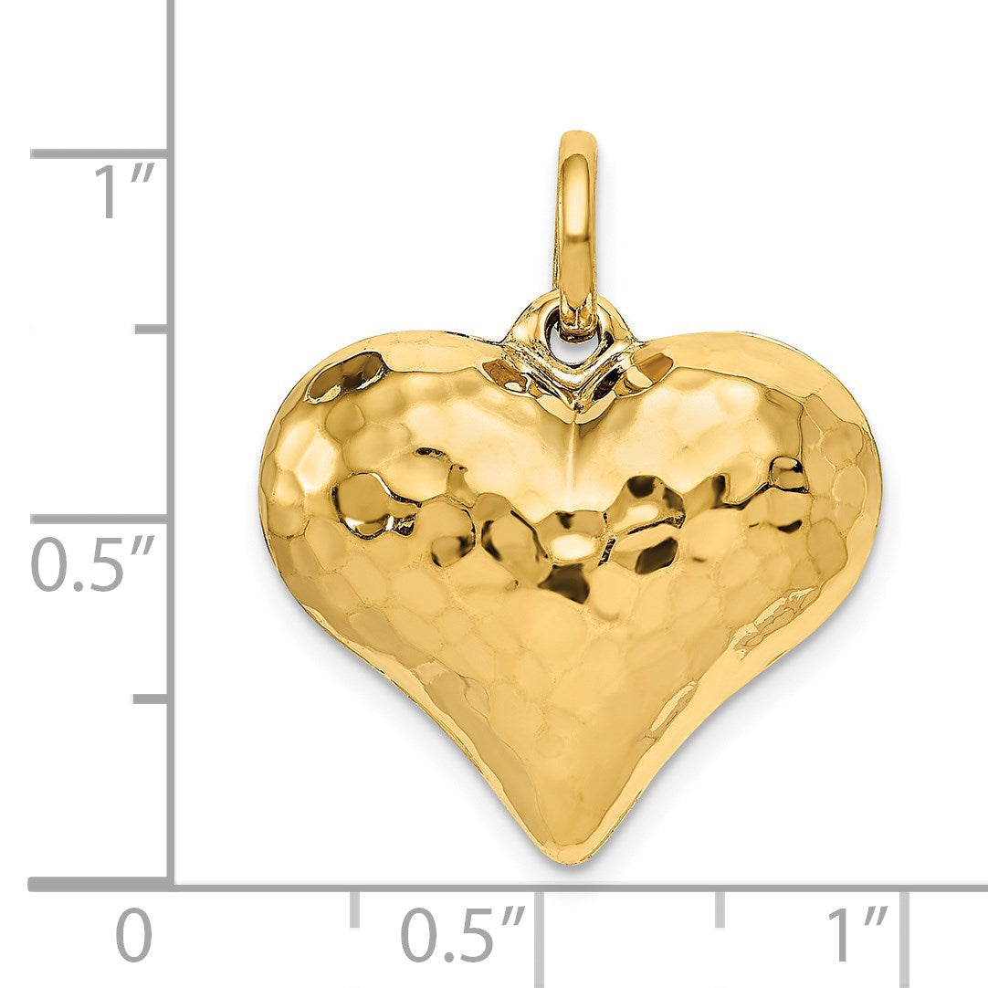 14K Polished and Hammered 3-D Puffed Heart Pendant