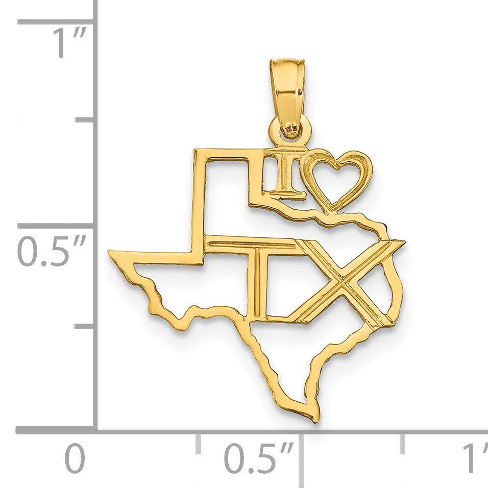 14k Solid I HEART TX Texas State Pendant