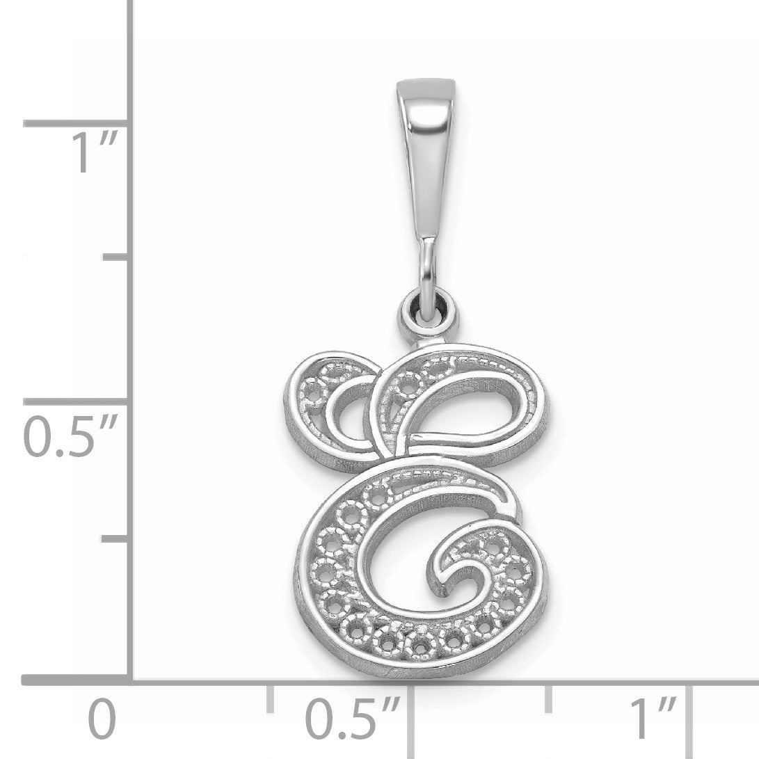 14KW White Gold Solid Polished Script Filigree Letter E Initial Pendant