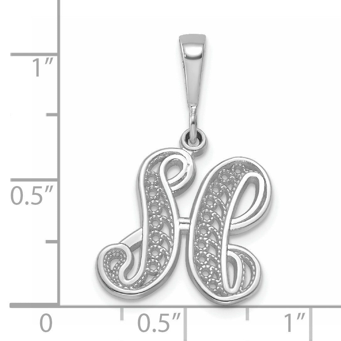 14KW White Gold Solid Polished Script Filigree Letter H Initial Pendant
