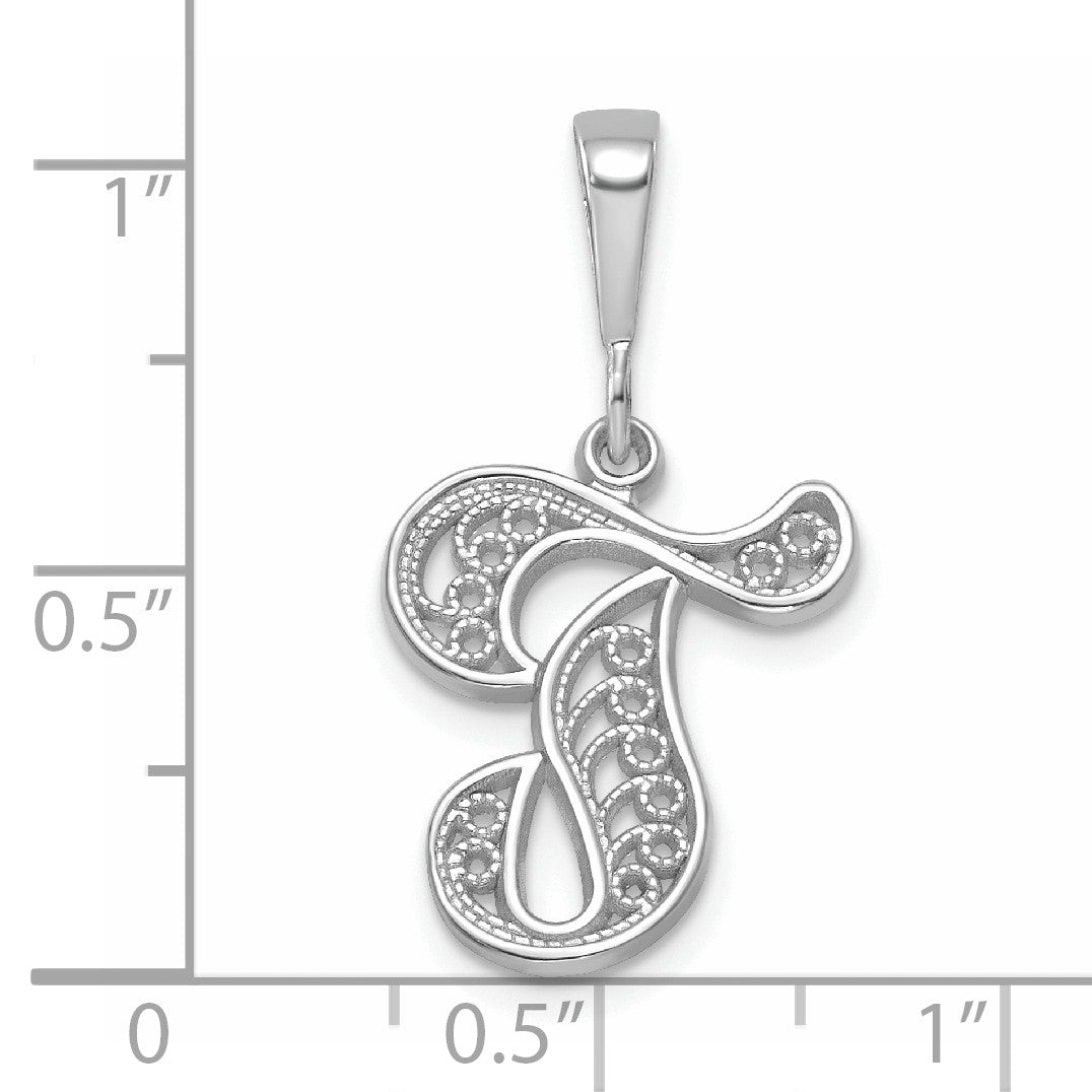 14KW White Gold Solid Polished Script Filigree Letter T Initial Pendant