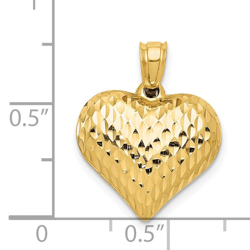 14K Polished and Textured 3-D Puffed Heart Pendant