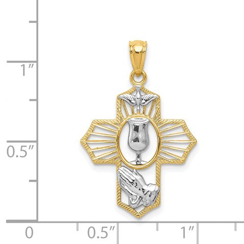 14k and White Rhodium Communion Cross with Dove and Praying Hands Pendant
