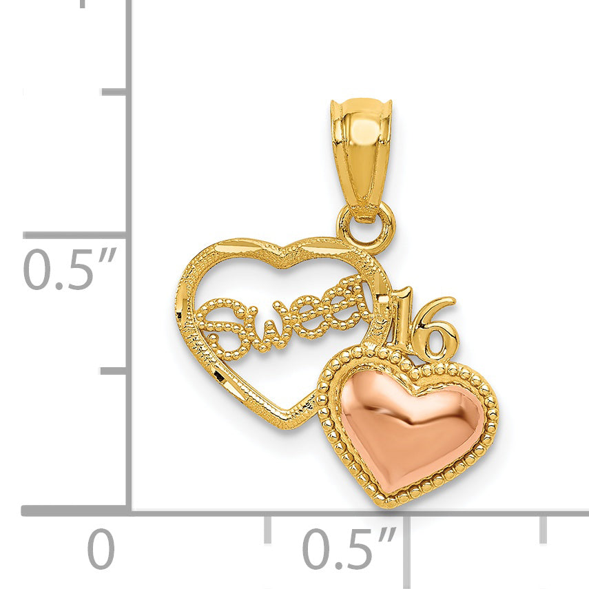 14k Two-tone Gold SWEET 16 Heart Pendant