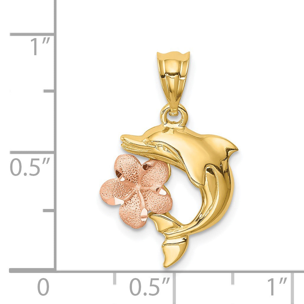 14K Two-tone Brushed and Polished Diamond-cut Plumeria with Dolphin Pendant