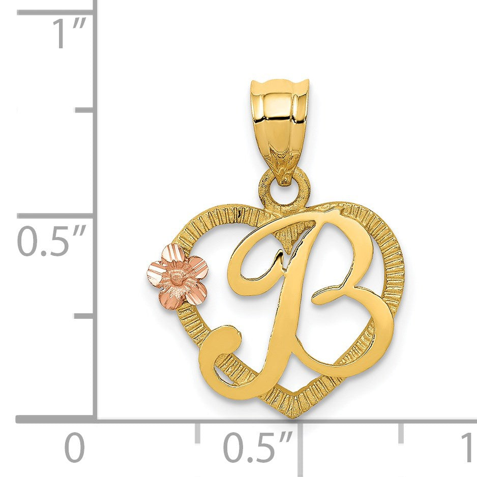 14k Two-Tone Heart Letter B Initial Pendant