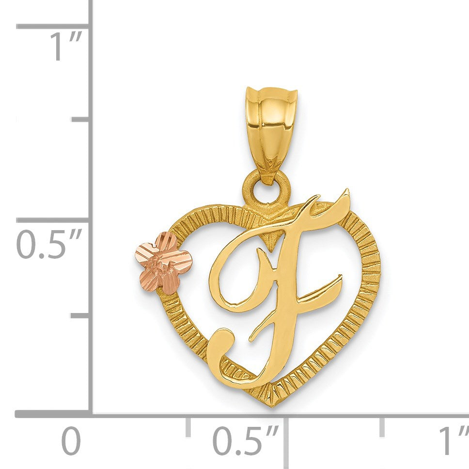 14k Two-Tone Heart Letter F Initial Pendant