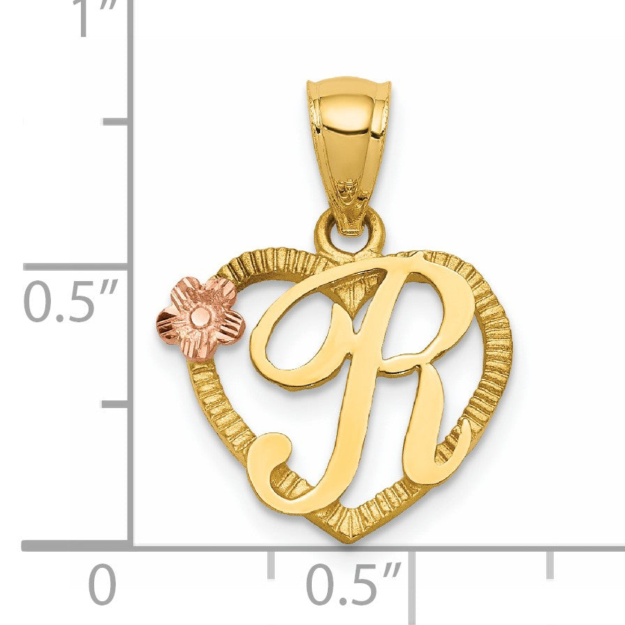 14k Two-Tone Heart Letter R Initial Pendant