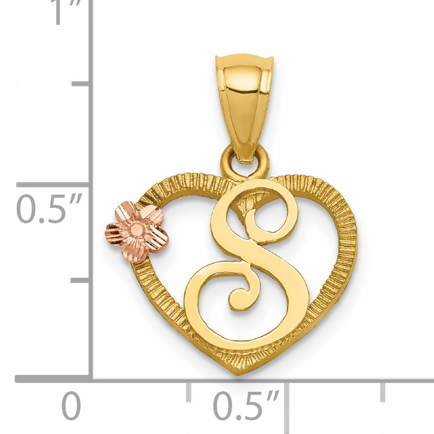 14k Two-Tone Heart Letter S Initial Pendant