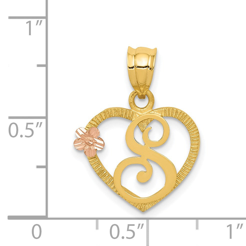 14k Two-Tone Heart Letter S Initial Pendant